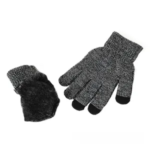 Detail of grey knitted gloves with touchscreen fingertips and warm fleece lining