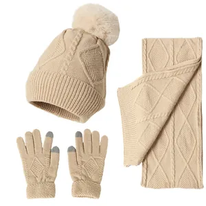 Winter Knitted Beanie Hat Long Scarf And Touchscreen Gloves Pom Pom Thick Warm Acrylic Cold Weather Accessories For Women