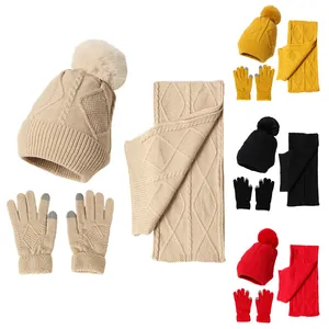Winter knit set with pompom hat, scarf, and touchscreen gloves in multiple colors