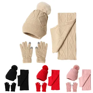 Winter knit hat scarf and touchscreen gloves set with pompom and cable pattern