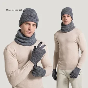 Winter Warm Knitted Beanie Hat Neck Warmer And Touchscreen Gloves Acrylic Solid Melange Color Adults Outdoor Cold Weather Accessory
