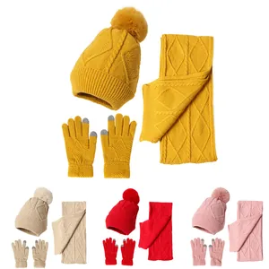 Winter 3-piece knit set with pompom hat, long scarf and touch-screen gloves in mustard yellow