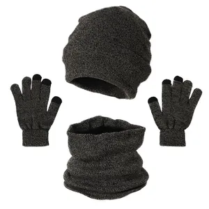 Winter thermal three-piece set with knitted hat, scarf, and touch screen gloves in dark grey
