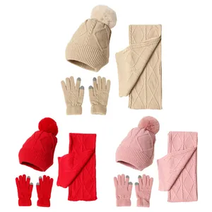 Winter knit set with hat, scarf and touchscreen gloves in red, beige and pink