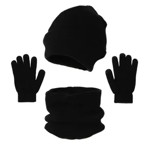 Winter 3-piece knit set including a black beanie hat, warm gloves, and a neck gaiter