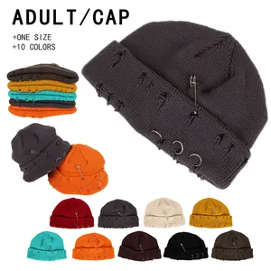 Three-ring distressed knit beanie with safety pins in ten assorted colors for adults