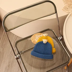 Gemütliche gerippte Bärenmütze für Kinder in Blau und Gelb, stylische Winter-Strickmützen