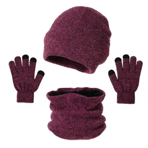 Winter 3-piece set with knit beanie, scarf, and touchscreen gloves in purple mixed yarn