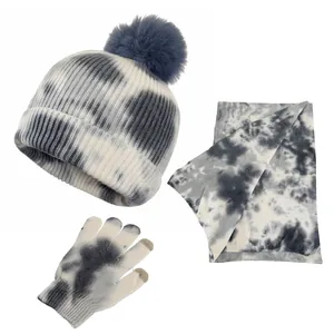 Winter tie-dye knitted set with warm hat, scarf and touchscreen gloves for kids