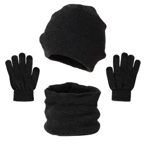 3-piece winter set with black knit beanie hat thick neck warmer and touchscreen gloves
