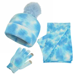 Blue and white tie-dye winter set with pompom hat, scarf and touchscreen gloves