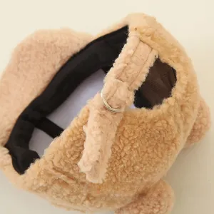 Detail of khaki lamb wool baseball cap with cute ears and adjustable metal buckle