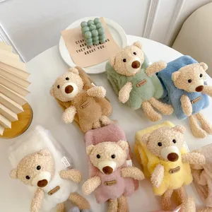 Plush kids winter bear scarf in various soft colors featuring cute bear dolls