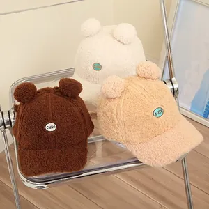 Kids Baby Sherpa Fleece Baseball Cap With Bear Ears Cute Letter Patch Winter Fall Warm Plush Trucker Hat For Boys Girls