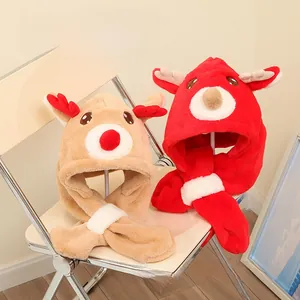 Detail of baby winter plush hat scarf combo with cute reindeer antlers and pompom nose