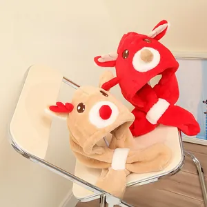 Detailed view of red and khaki baby reindeer plush hooded scarves with cute 3D antlers