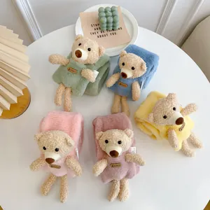 Cute teddy bear plush scarves for kids in five macaron colors made of soft faux rabbit fur