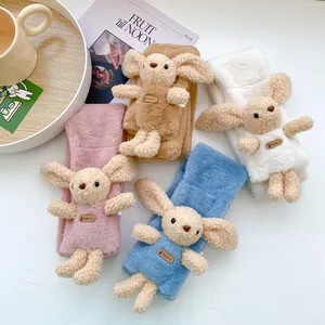 Plush bunny neck warmer for kids in four colors featuring cute stuffed rabbit dolls