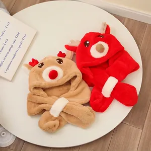 Kids Winter Hooded Scarf Hat Plush Warm Windproof Reindeer Dinosaur Earflap Cap For Boys Girls Toddler Christmas Gift