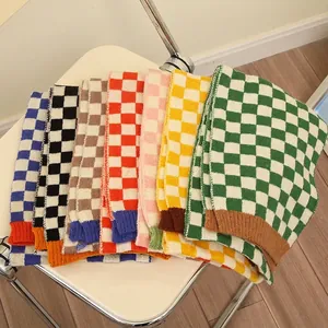 Kids Knitted Checkerboard Scarf Soft Warm Color Block Grid Neck Warmer For Baby Boys Girls Casual Winter Autumn Accessories