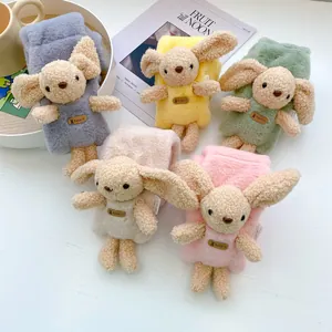 Plush kids winter scarf set in assorted pastel colors with cute 3D bunny decor