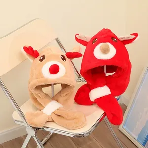 Plush Christmas reindeer baby hood scarf set with antlers in red and camel fleece colors