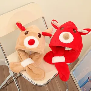 Kids plush hooded scarf with reindeer antlers in khaki and red for winter warmth