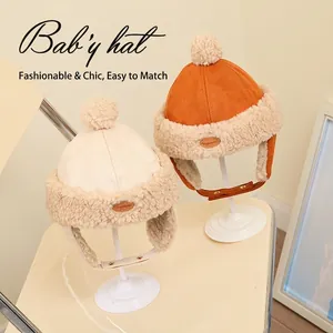 Winter children's warm trapper hat with fleece lining and faux suede finish