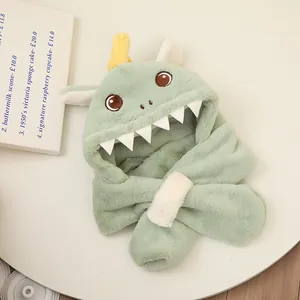 Kids plush dinosaur hooded scarf with warm earflaps and cute 3D cartoon design