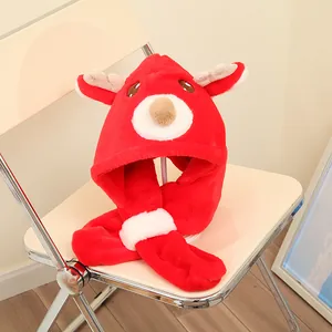 Winter plush deer earflap hat with scarf, cute red reindeer design for kids' warmth
