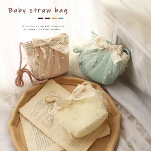 Borsa in paglia dolce per donna con fiocco in pizzo e perle colori pastello