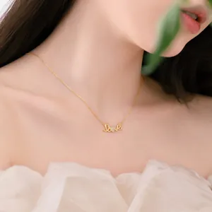 Close-up of gold LOVE pendant necklace with micro-pave zircon heart on model neck