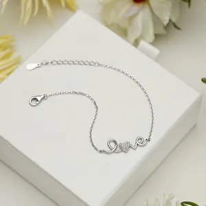 S925 sterling silver Love letter bracelet with heart-shaped cubic zirconia on display box