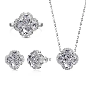 Luxurious S925 sterling silver four-leaf clover jewelry set with sparkling zircon stones