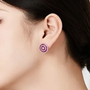Luxurious S925 sterling silver halo earrings with red baguettes and sparkling cubic zirconia