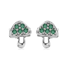 S925 sterling silver mushroom earrings with inlaid green cubic zirconia and polished stems