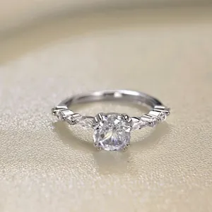 Detailed top view of S925 silver ring featuring round and marquise-cut zircon stones