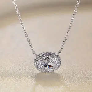 Detail of S925 sterling silver oval pendant necklace with sparkling cubic zirconia inlay