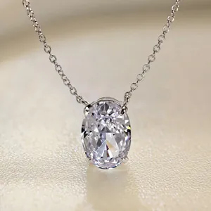 Macro view of S925 sterling silver necklace with oval cut diamond zircon pendant