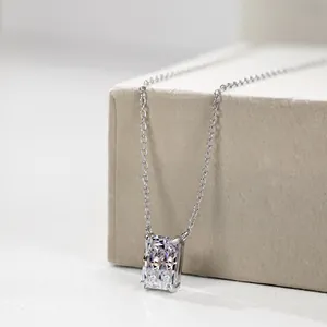 Macro view of radiant cut carbon diamond necklace with a silver four-prong setting