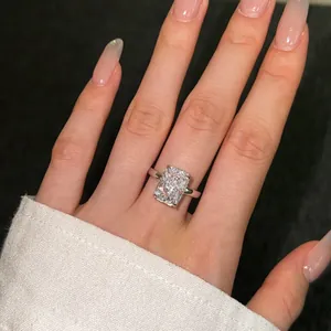 Macro detail of Radiant-cut ice flower cubic zirconia ring with S925 silver four-prong setting