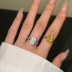 Elegant S925 silver rings with white and yellow emerald cut ice flower zircon stones