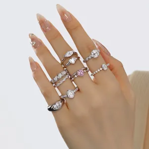 Elegant s925 silver stacking rings set with heart and marquise cut cubic zirconia