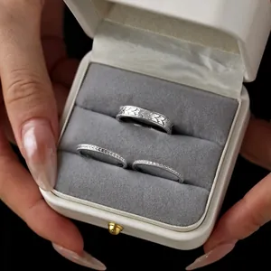 Exquisite S925 sterling silver wheat ear couple rings with micro-set zircons in jewelry box