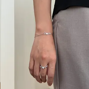 S925 sterling silver Love jewelry set with sparkling heart zircon on ring and bracelet
