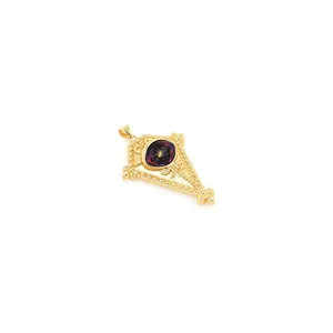 18K gold plated evil eye pendant with cosmic opal stone in a vintage triangular frame