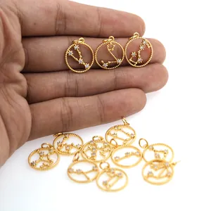 18K gold plated zodiac pendants with cubic zirconia for DIY jewelry making