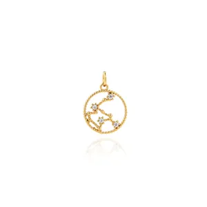 Detailed view of 18K gold plated zodiac pendant with micro-set cubic zirconia stones