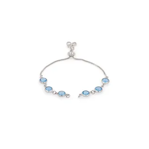 Adjustable silver bracelet with six round blue gemstones and sliding pull closure