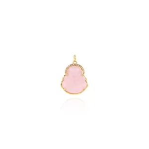 Detalle del colgante de Buda en oro de 18K con cristal rosa y circonitas blancas brillantes